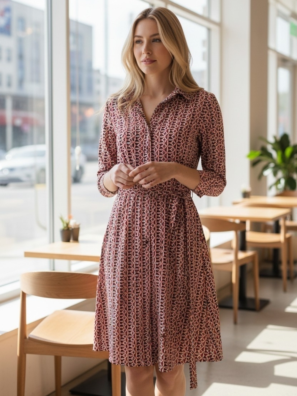Kenar Rose-Pink Geometric Midi Shirt Dress